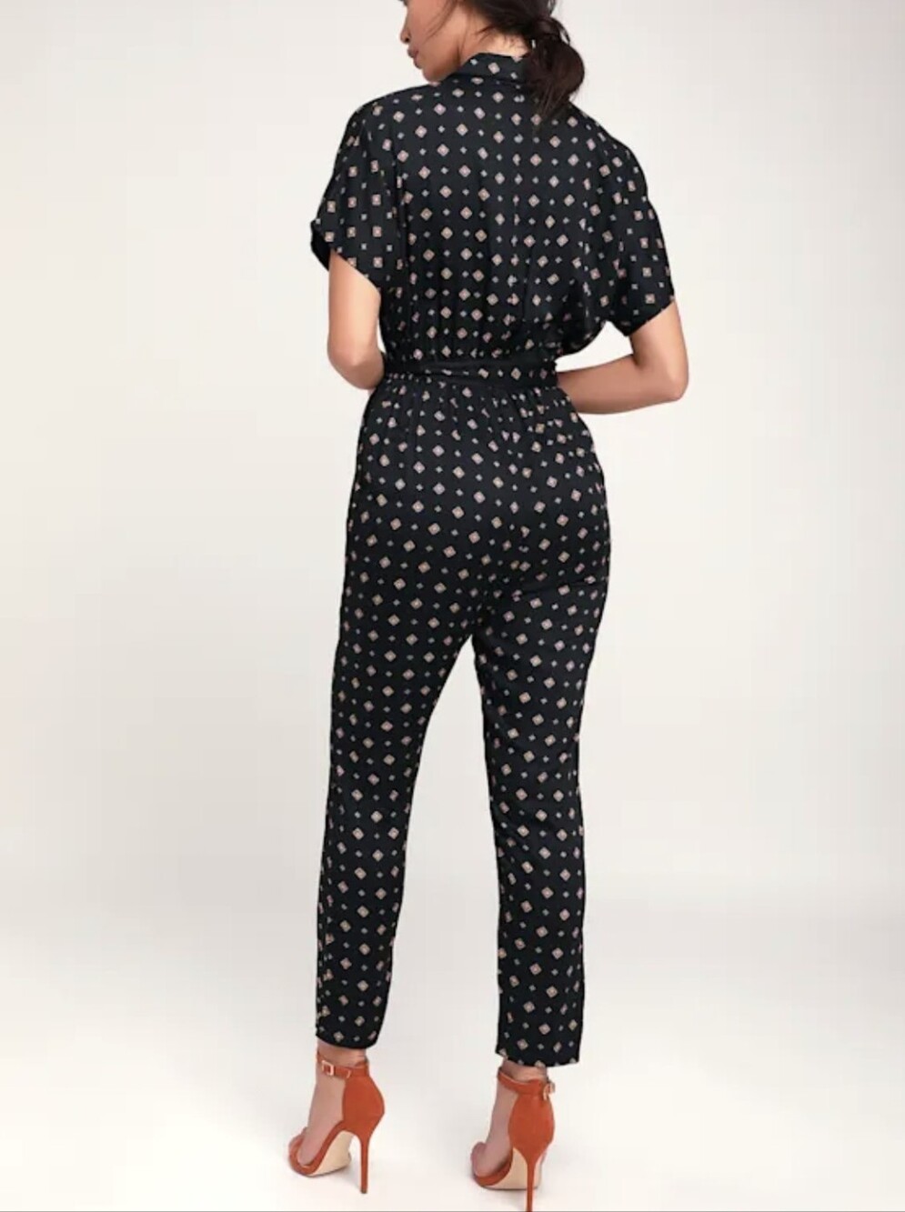 S/M Billabong Bed Story Black Geometric Print Short Sleeve Belted Jumpsuit - Picture 3 of 11